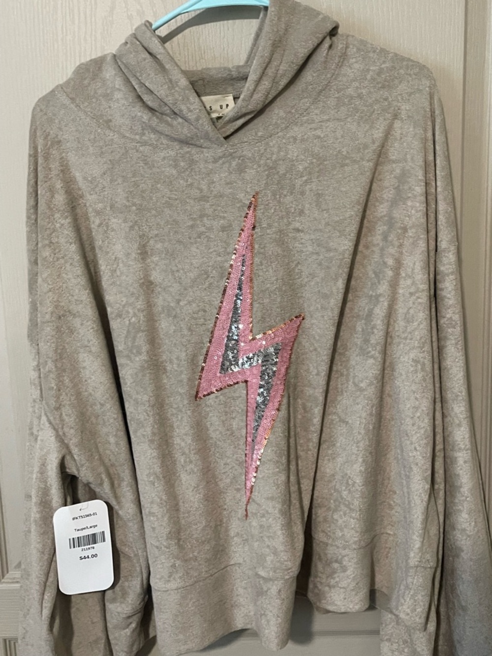 NWT DRESS UP - Women’s Taupe Hoodie with Pink Sequin Lightning Bolt size L